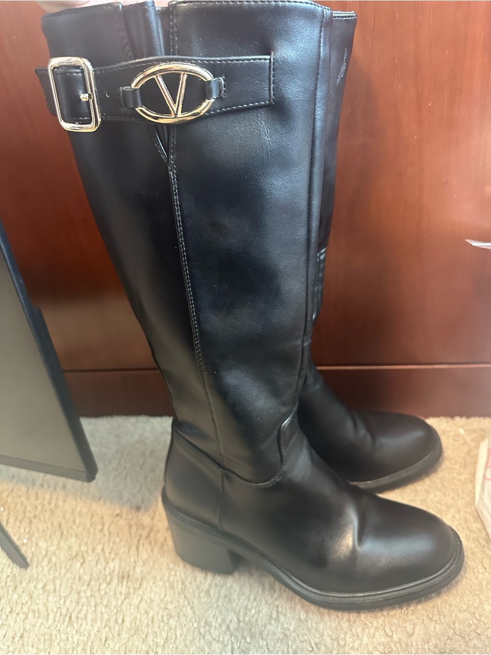 Fashion Nova Black Knee-High Boots with Gold Buckle Detail